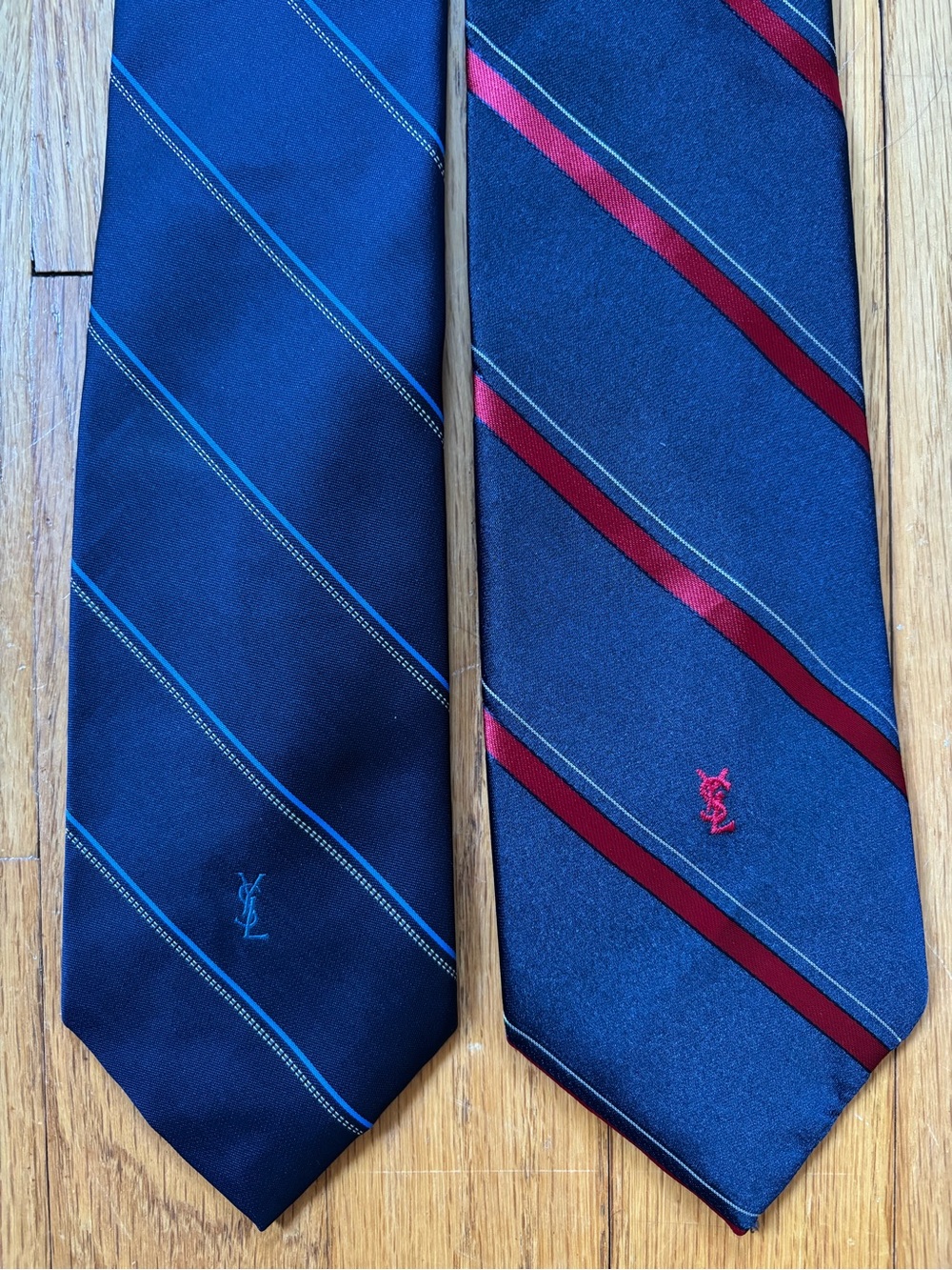 Yves Saint Laurent Navy & Blue & Red Striped Silk Ties - Set of 2